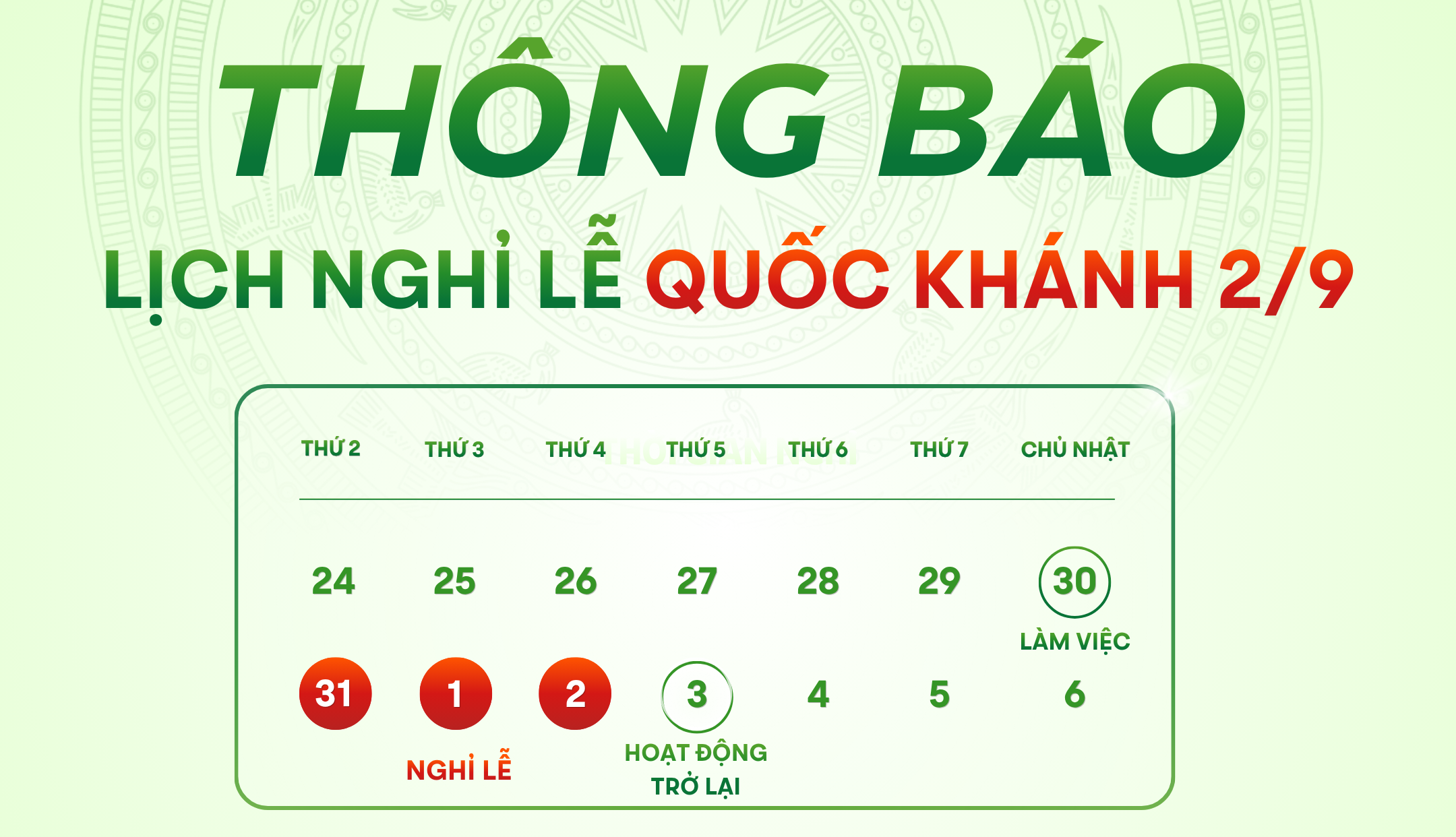 THÔNG BÁO LỊCH NGHỈ LỄ QUỐC KHÁNH 2/9